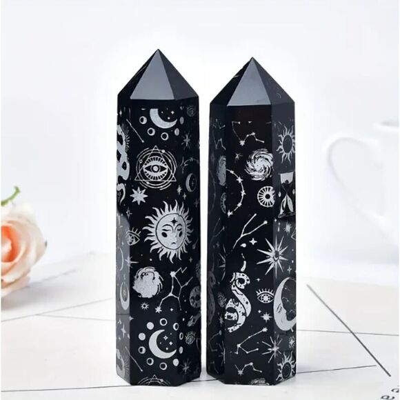 New! Natural Obsidian Star Moon Patterned Pointed Magic Stress Relieving Stone - Picture 2 of 2